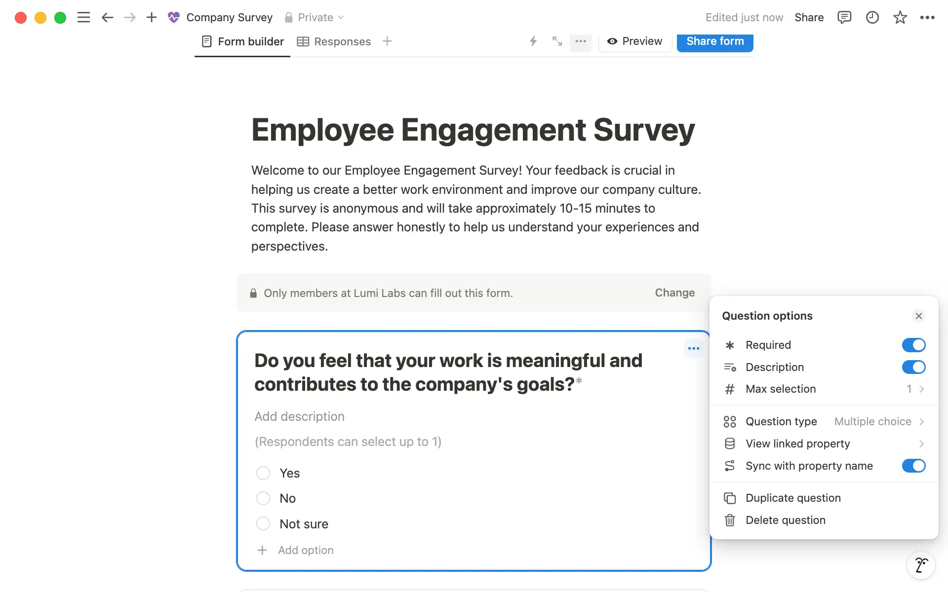 Navigate to the three-dot menu on any question to mark it as required and add helpful descriptions.