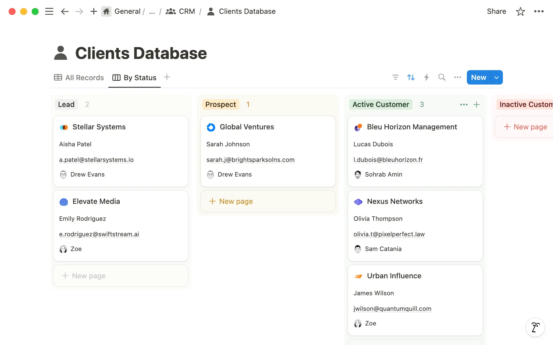 Build a table that captures contact details, lead status, and source for each client.