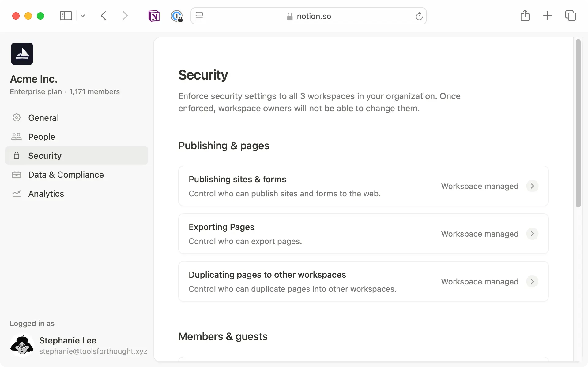 Manage security settings like publishing pages, members, guests and integrations in the security tab.