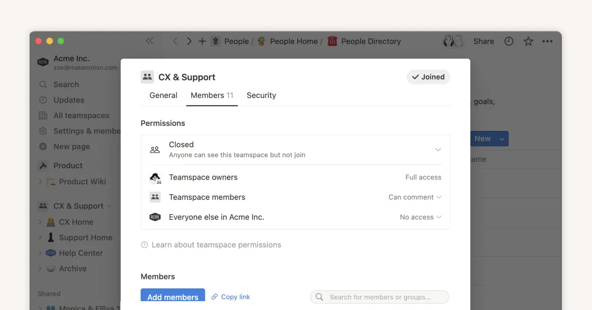 Grant the right level of access with teamspaces and groups