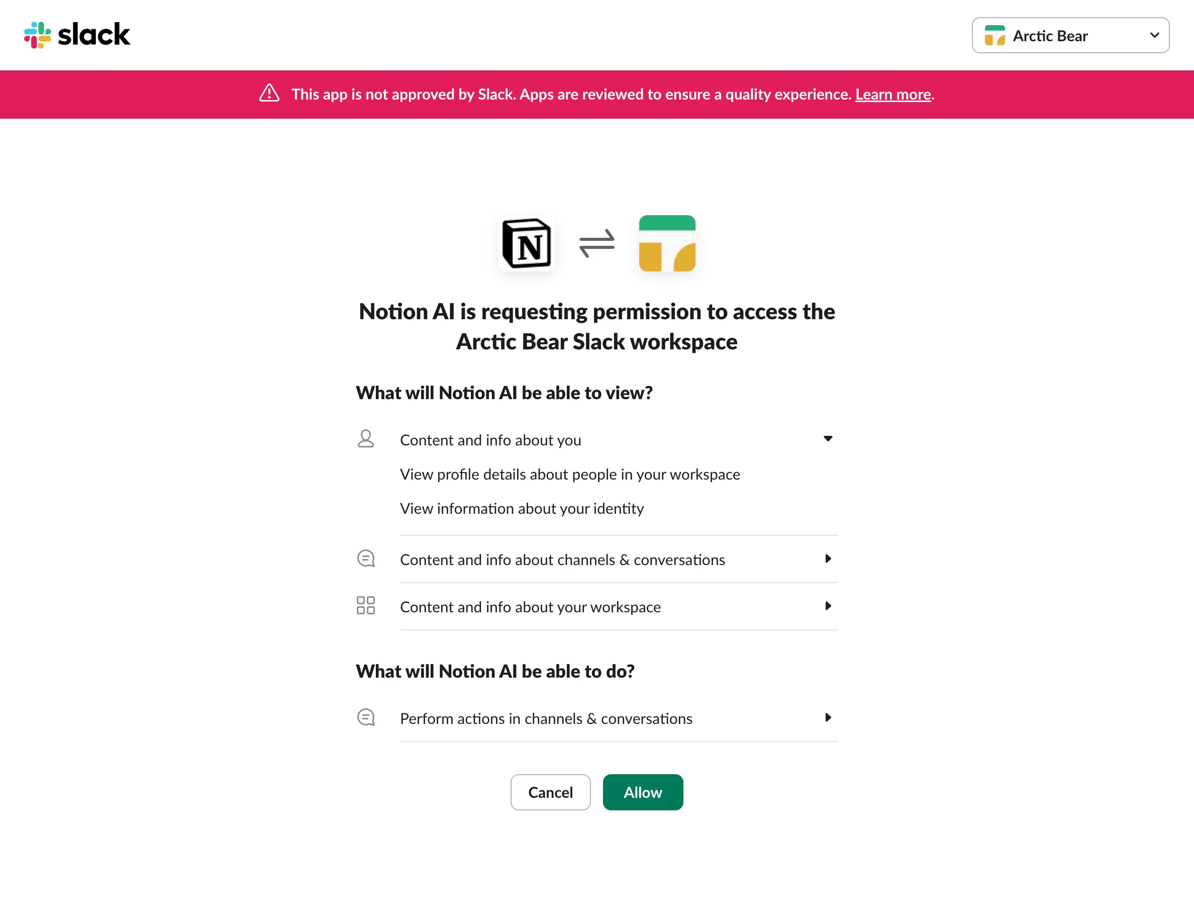hc: notion ai connector set up in slack