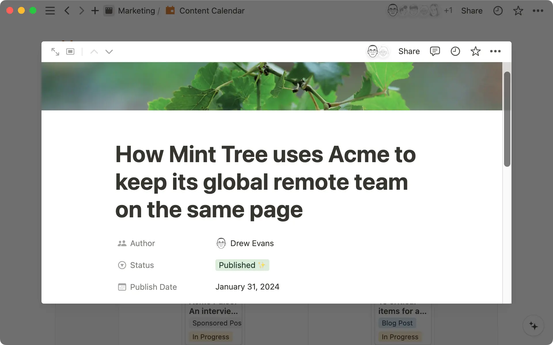 In Notion, every calendar entry opens into a page. This is where you can write drafts and track key details side by side.