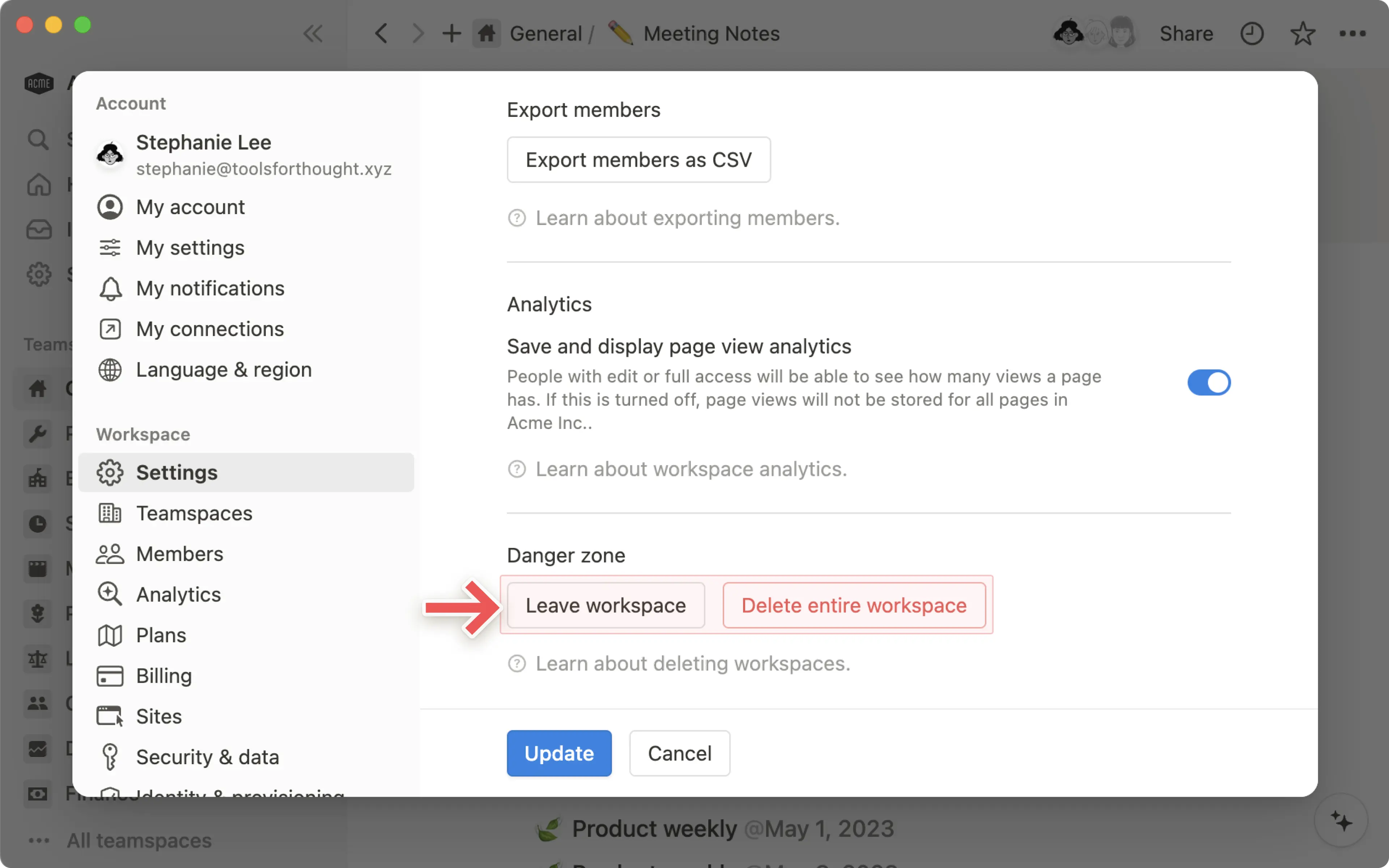 hc: leave or delete workspace