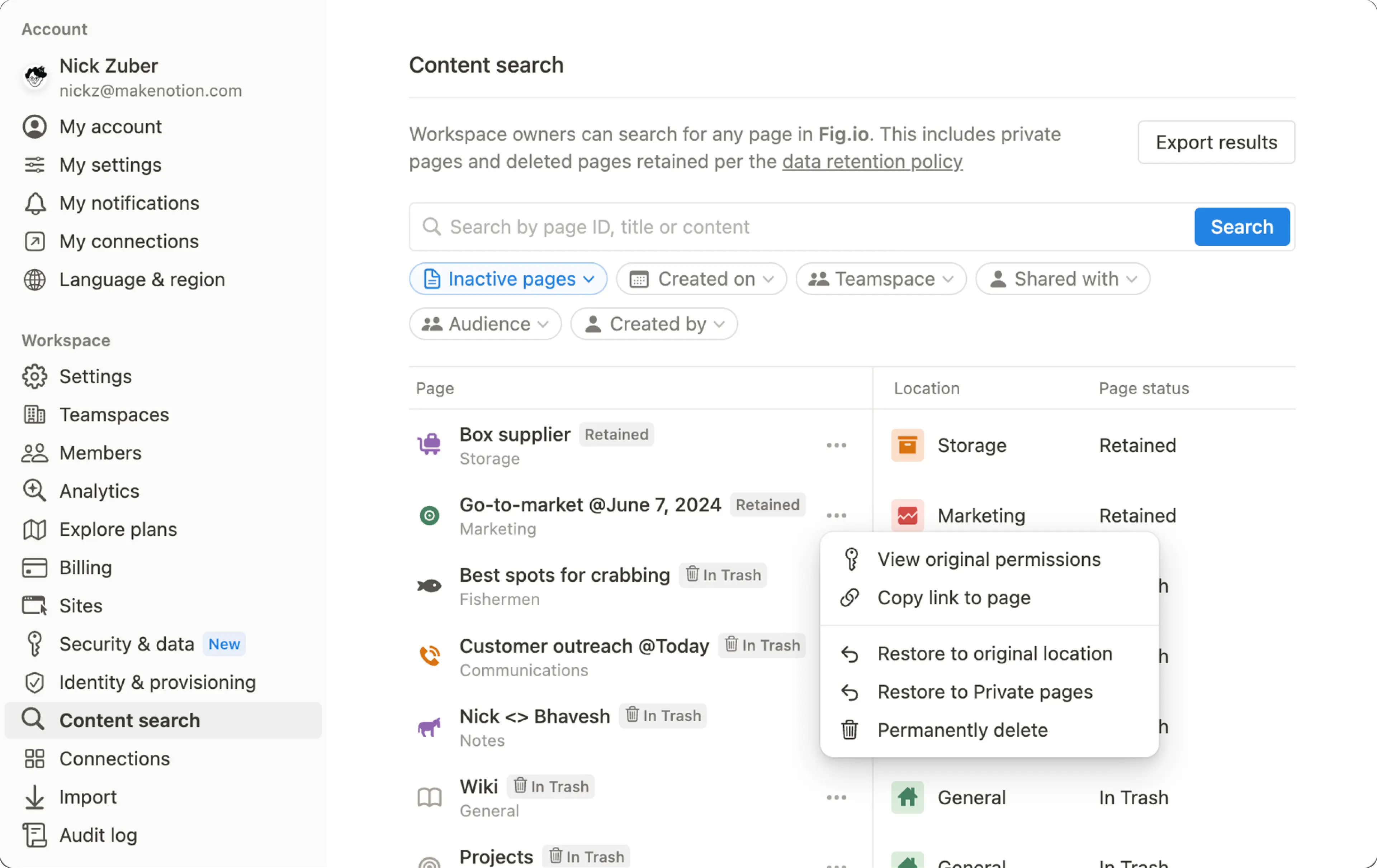 Search deleted and retained pages