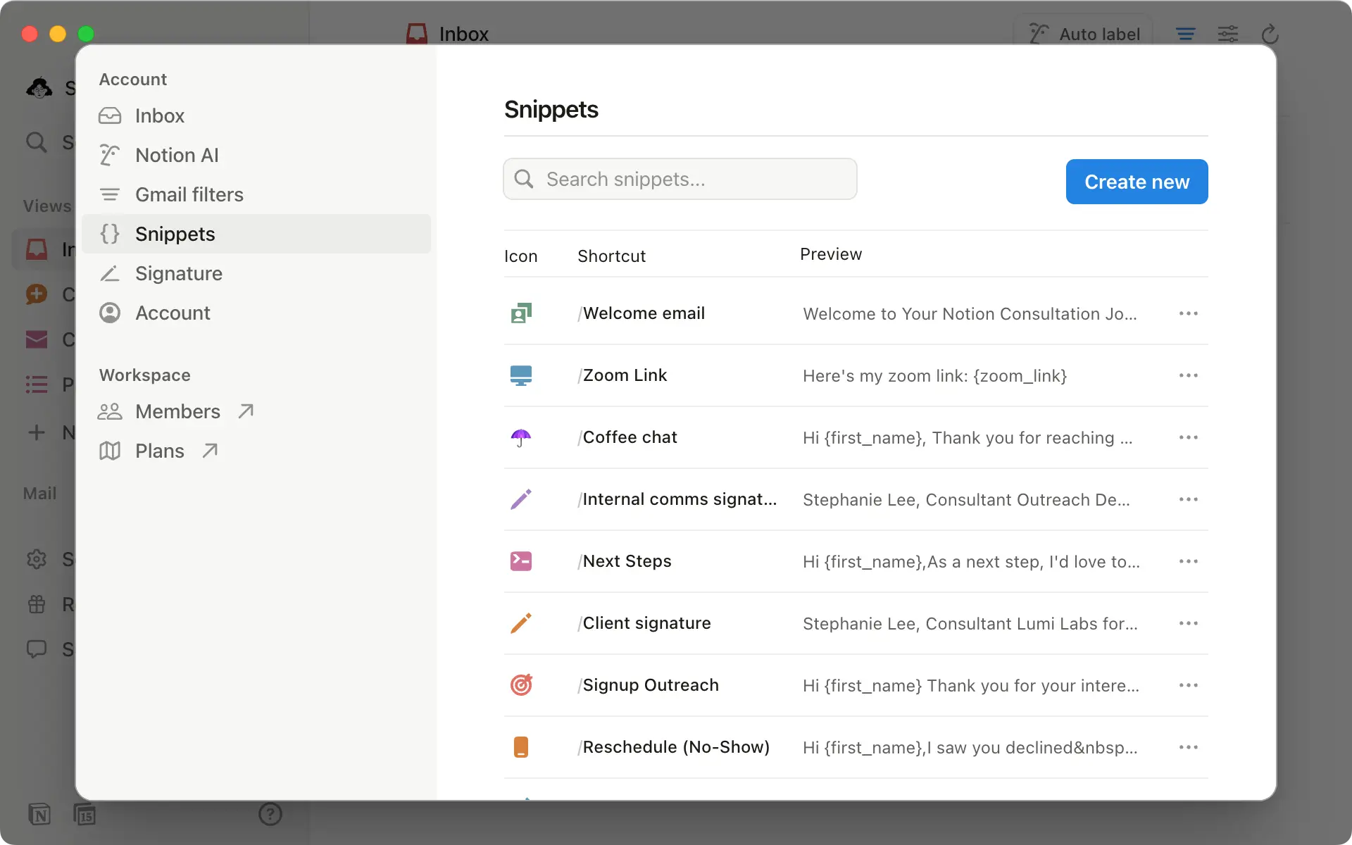 Access all your snippets in the settings menu on the right hand side of the screen.