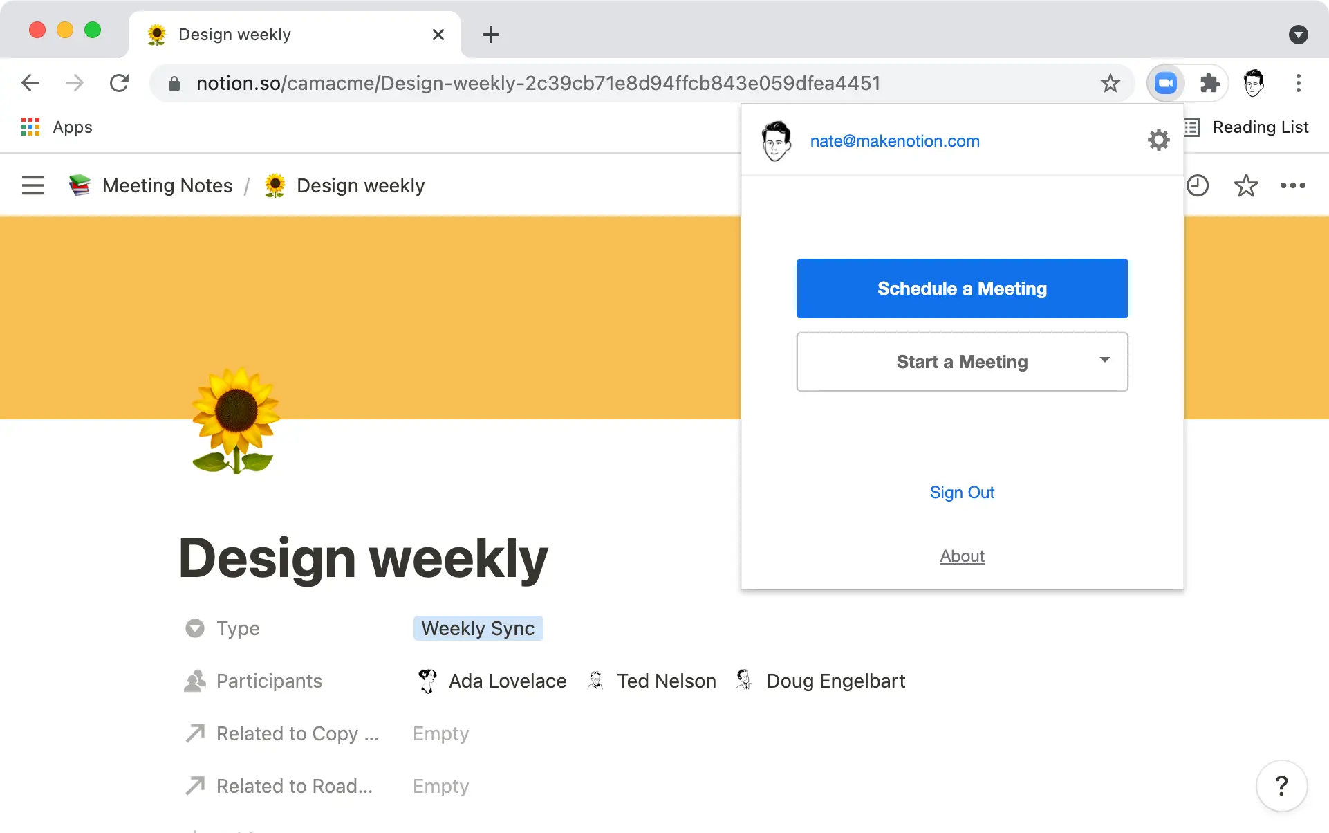 An image of the Chrome browser with the Zoom scheduler plugin enabled.