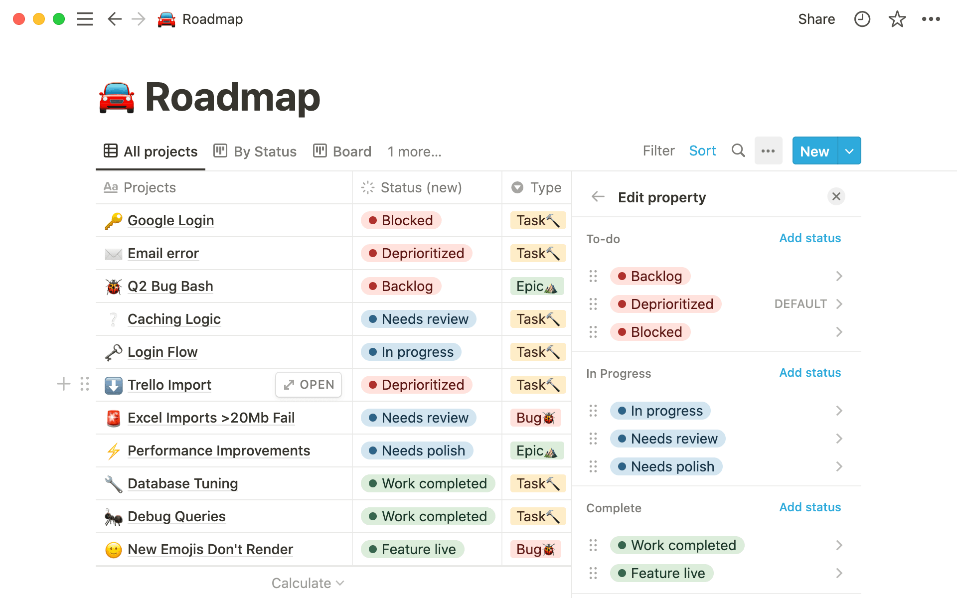 Status property lets you quickly show a task's status — and add custom subcategories.