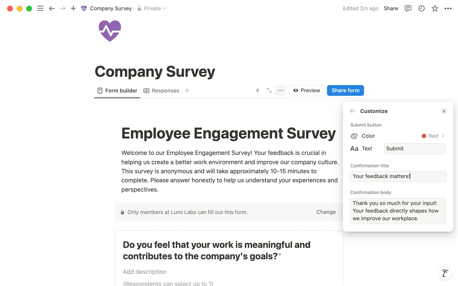 Customize your submission button and message for a more personalized touch